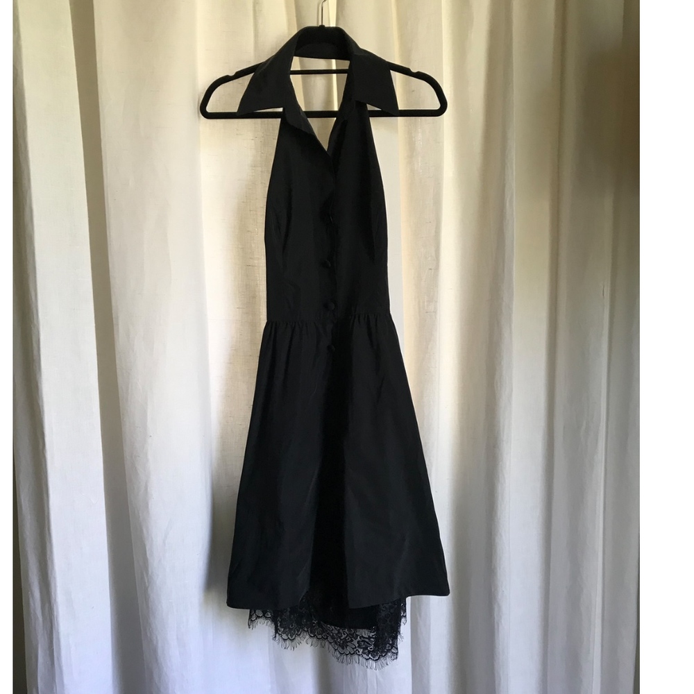 Calvin Klein Scoop Back Halter Dress with Lace Trim at Skirt